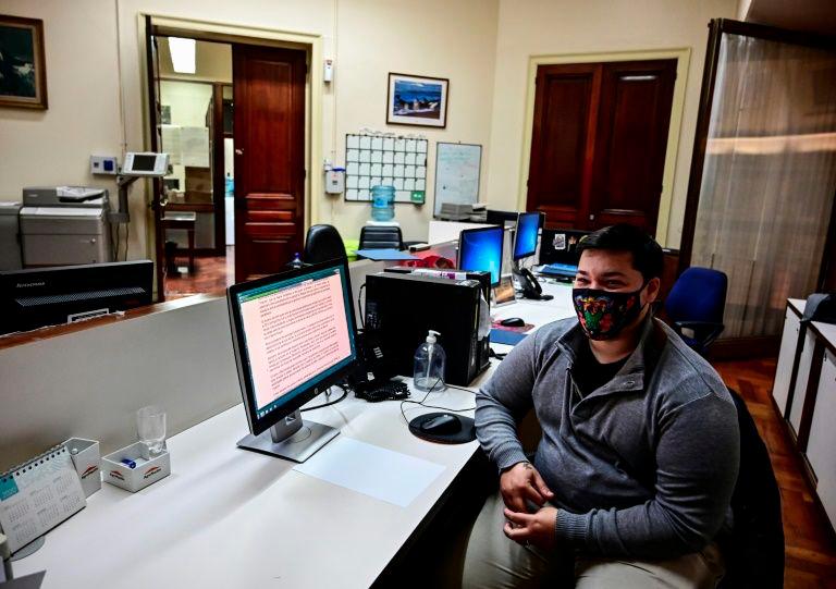 Thomas Casavieja pictured at a branch of Argentina’s Banco Nacion in Buenos Aires where he works, in Sept 2020. — AFP