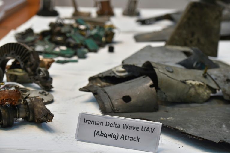 This photograph shows fragments of what the Saudi defense ministry said were Iranian cruise missiles and drones recovered from the attack on Saudi Aramco’s facilities. — AFP
