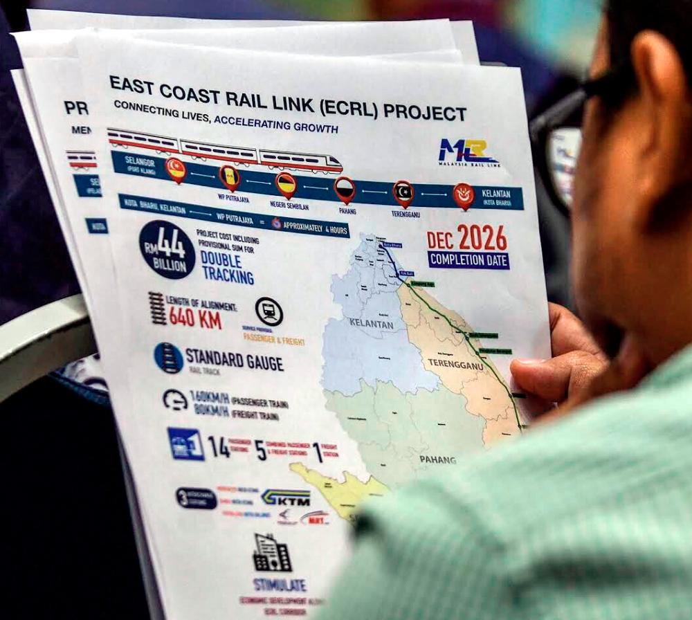The revised ECRL project will comprise a 640km rail network to be completed by December 2026 at a cost of RM44 billion. Ashraf Shamsul/THE SUN