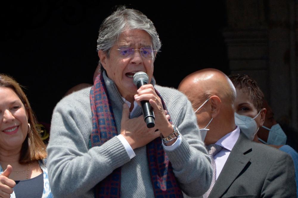 Ecuador’s President Guillermo Lasso speaks to supporters who gathered outside Carondelet presidential palace in Quito, on October 20, 2021.AFPpix