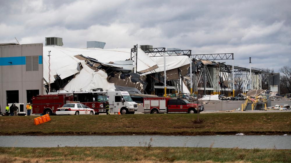 A collapsed roof is seen at an Amazon distribution center after a tornado hits Edwardsville, in Illinois, U.S. December 11, 2021. REUTERSpix