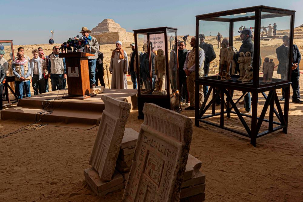 Archaeologist and Egypt's former antiquities minister Zahi Hawass holds a press conference in the Saqqara necropolis, where a gold-laced mummy and four tombs including of an ancient king's secret keeper were discovered, south of Cairo on January 26, 2023. AFPPIX
