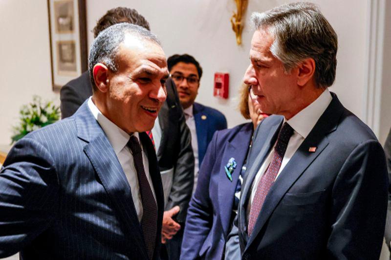 US Secretary of State Antony Blinken (R) speaks with Egypt's Foreign Minister Badr Abdelatty (L) at the presidential palace in Cairo on September 18, 2024. - AFPPIX