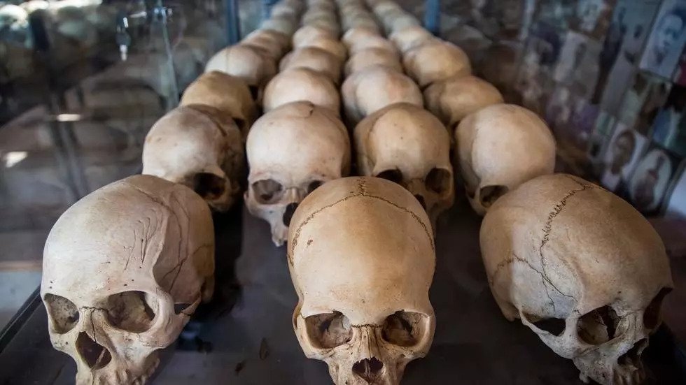 Skulls of victims at the genocide memorial in Kigali. More than 800,000 people were slaughtered. — AFP