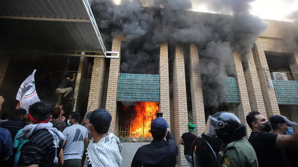 Supporters of Iraq’s Hashed al-Shaabi burn down the Kurdistan Democratic Party headquarters in the capital Baghdad. — Bernama
