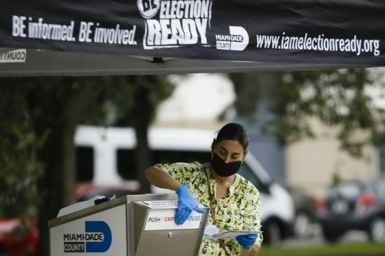 A poll worker drops off a vote-by-mail ballot at a ballot drop box at Miami-Dade County Election Department in Miami, Florida on Oct 19, 2020. — AFP