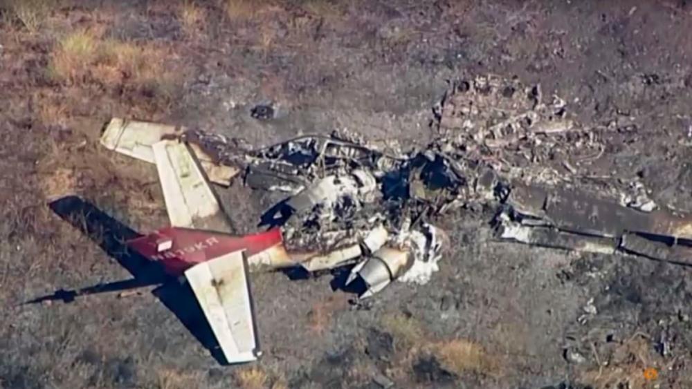 Aerial footage showing the the scene of the fatal California jet crash. (Image: Reuters/KABC)