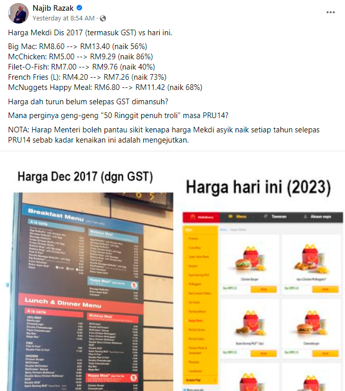 Former PM Najib Razak raises concern over McDonald’s surge in prices $!Former PM Najib Razak raises concern over McDonald’s surge in prices