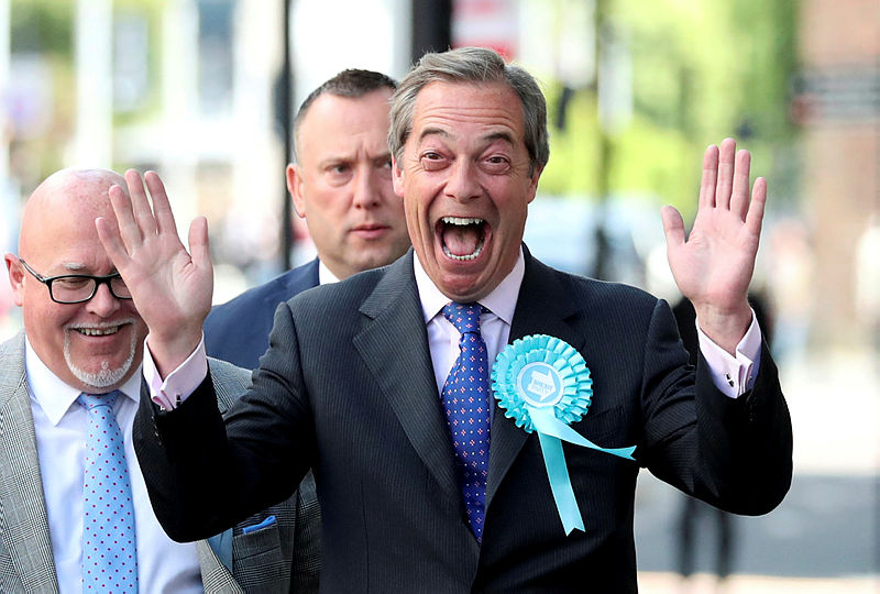 Brexit Party leader Nigel Farage gestures as he arrives to attend a Brexit Party campaign event in Newcastle, Britain, May 20, 2019. — Reuters