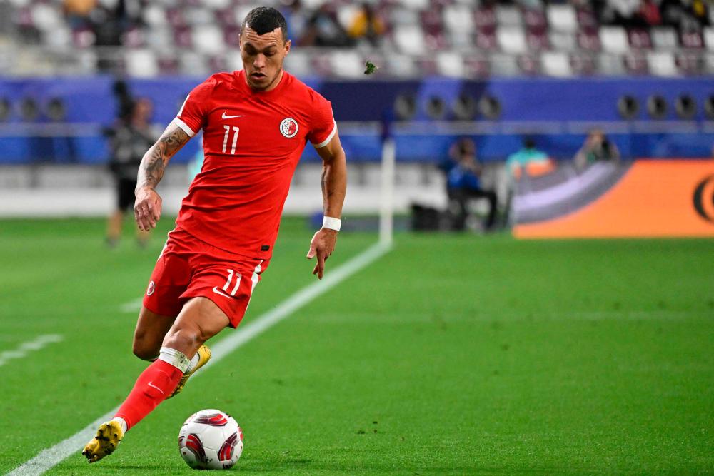 Hong Kong’s forward #11 Everton Camargo controls the ball during the Qatar 2023 AFC Asian Cup Group C football match between United Arab Emirates and Hong Kong at the Khalifa International Stadium in Doha on January 14, 2024/AFPpix