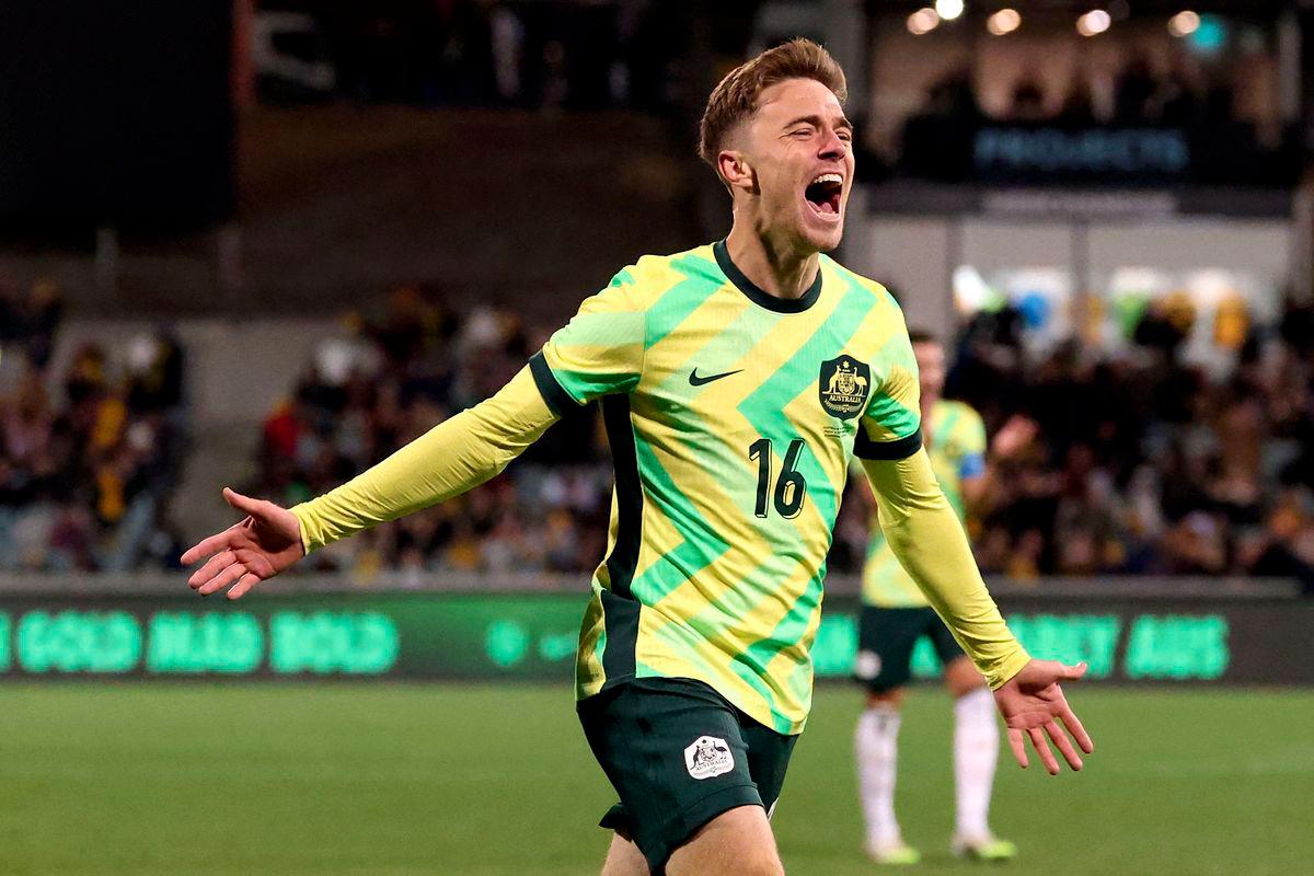 Australia's Max Balard celebrates scoring his team's first goal during the international friendly football match between Austrlia and New Zealand in Canberra on September 5, 2025. - AFPPIX
