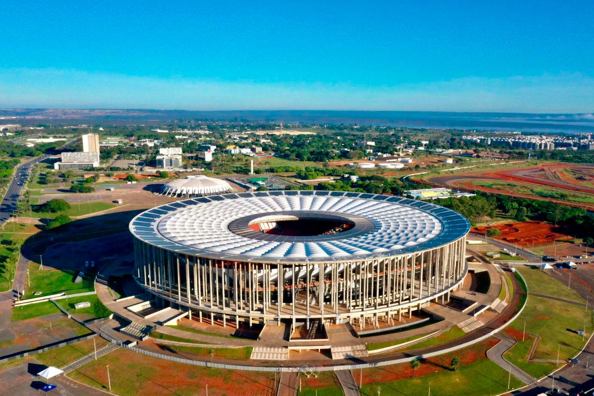 This aerial view shows the Arena BRB Mane Garrincha stadium in Brasilia on May 4, 2025.