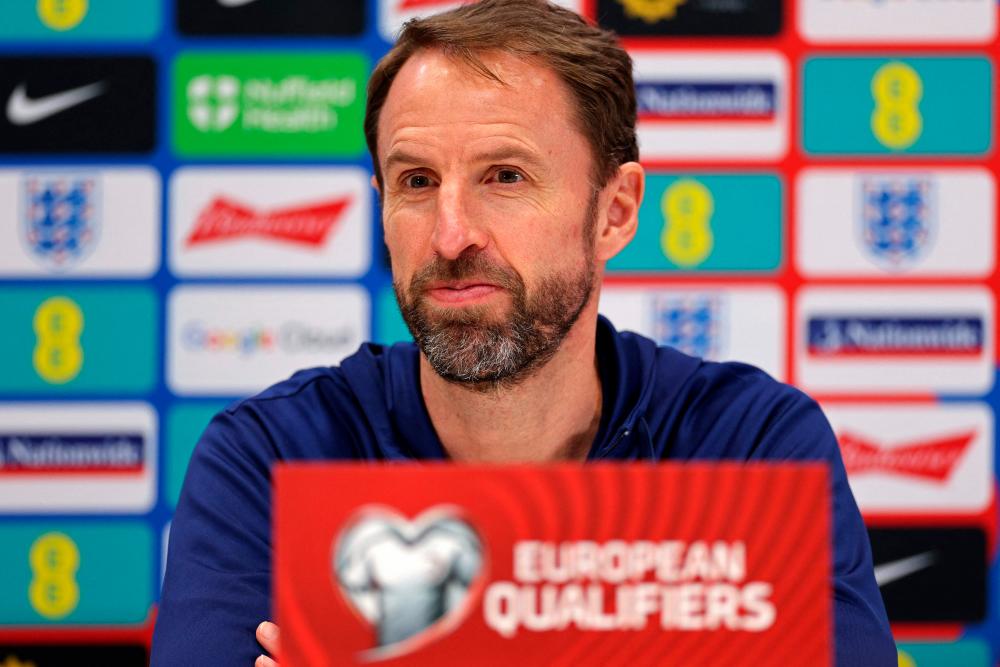 England’s manager Gareth Southgate attends an England press conference at the Tottenham Hotspur Football Club Training Ground, in Enfield, north London on March 25, 2023 on the eve of their Euro 2024 qualifier against UkrainE. AFPPIX