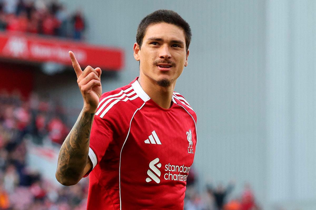 Darwin Nunez celebrates scoring the team’s second goal during the first of two pre season friendly football matches between Liverpool and Athletic Bilbao at Anfield in Liverpool, north west England on August 4, 2025. (Photo by Darren Staples / AFP)