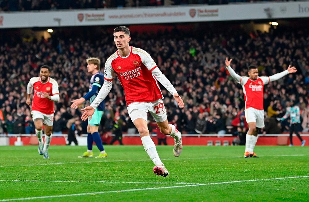 Arsenal's German midfielder Kai Havertz celebrates scoring the team's second goal during the English Premier League football match between Arsenal and Brentford at the Emirates Stadium in London. - AFPPIX