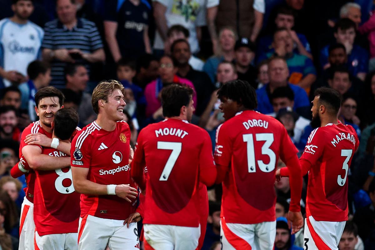 Manchester United’s English defender #05 Harry Maguire (L) celebrates after scoring a goal that is disallowed due to an offside position during the English Premier League football match between Chelsea and Manchester United at Stamford Bridge in London on May 16, 2025. AFPpix