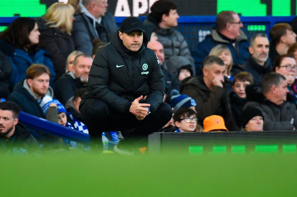 Chelsea's Argentinian head coach Mauricio Pochettino reacts during the English Premier League football match between Everton and Chelsea at Goodison Park in Liverpool, north west England on December 10, 2023. - AFPPIX