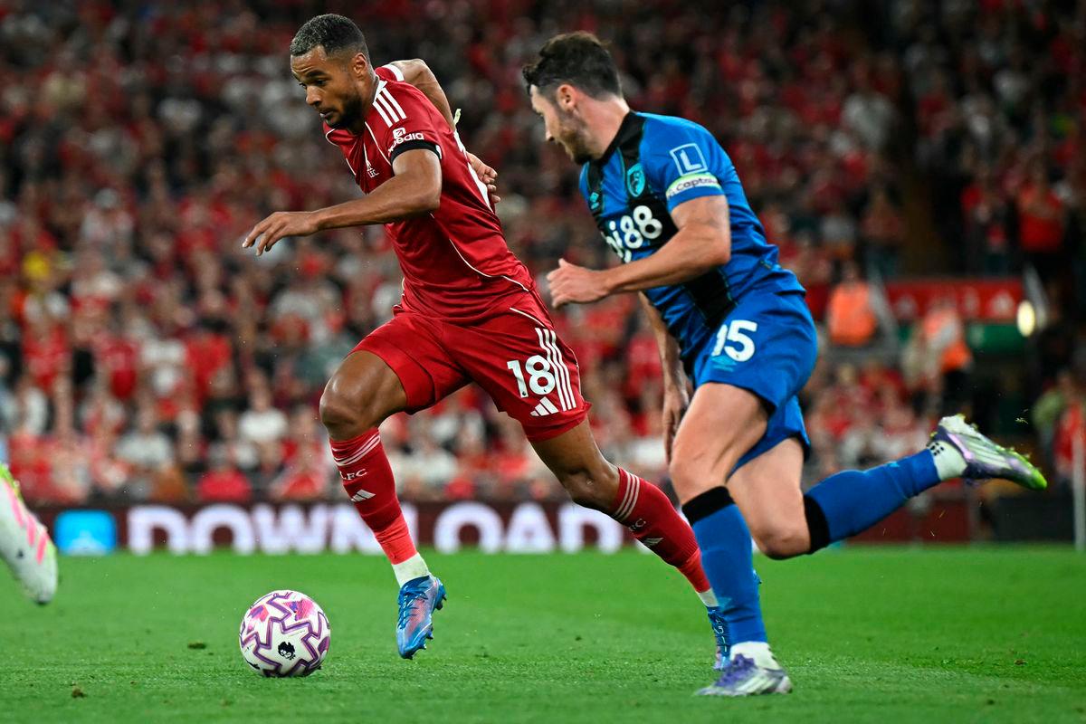 Liverpool’s Dutch striker #18 Cody Gakpo (L) vies with Bournemouth’s English defender #15 Adam Smith (R) during the English Premier League football match between Liverpool and Bournemouth. AFPPix