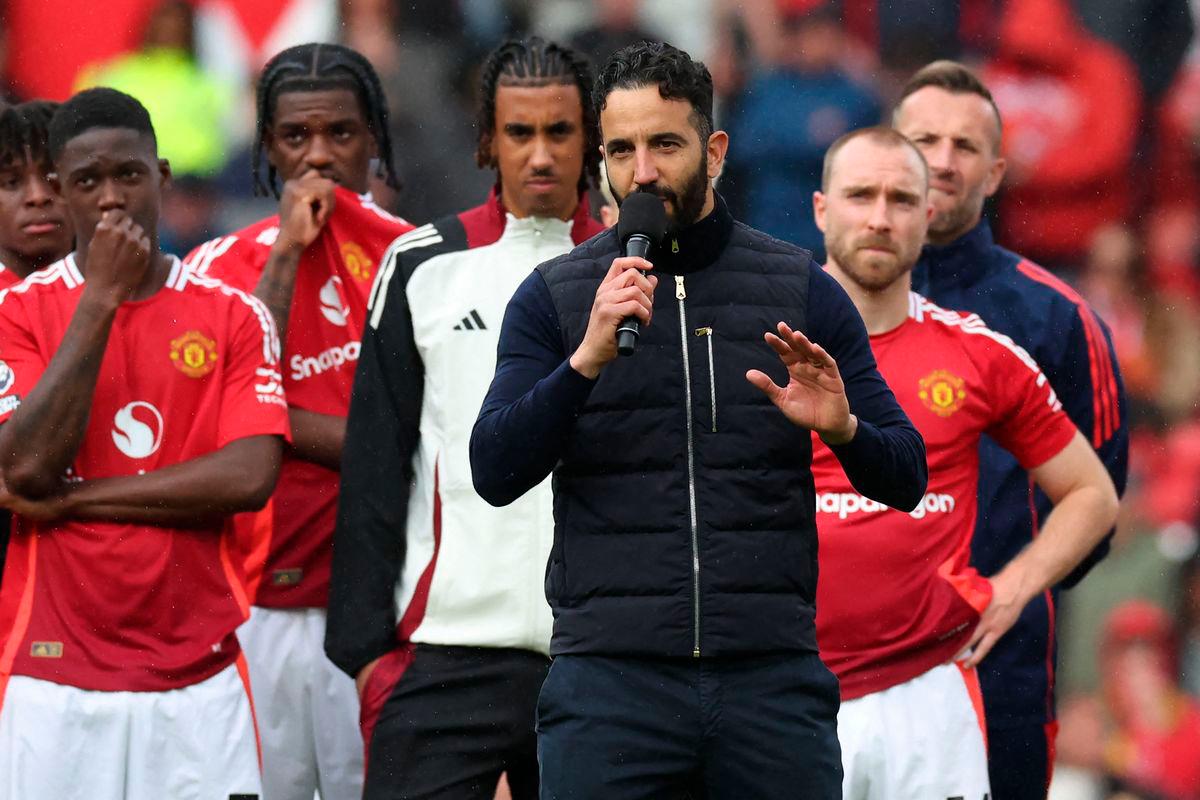 Manchester United’s Portuguese head coach Ruben Amorim speaks to supporters after the English Premier League football match between Manchester United and Aston Villa at Old Trafford in Manchester, north west England, on May 25, 2025. AFPpix