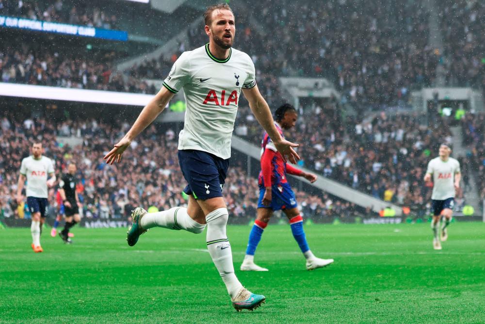 Harry Kane (C) celebrates scoring his team's first goal during the English Premier League football match between Tottenham Hotspur and Crystal Palace at Tottenham Hotspur Stadium in London, on May 6, 2023. AFPPIX