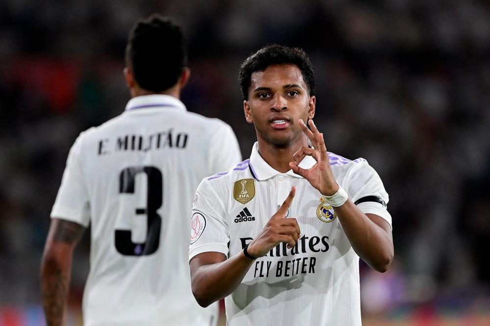 Rodrygo celebrates after scoring his team’s second goal during the Spanish Copa del Rey (King’s Cup) final match between Real Madrid CF and CA Osasuna at La Cartuja stadium in Seville on May 6, 2023. AFPPIX