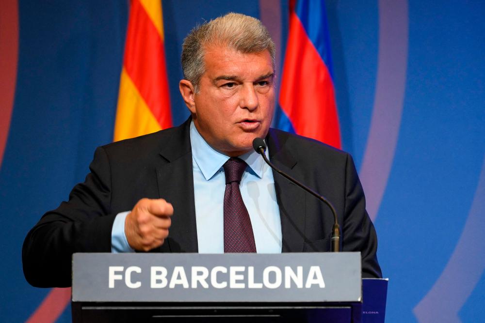 Barcelona’s President Joan Laporta addresses a press conference at the Camp Nou stadium in Barcelona on April 17, 2023. AFPPIX