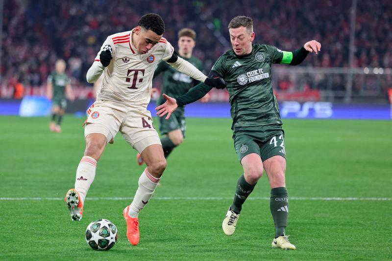 Bayern Munich's German midfielder #42 Jamal Musiala and Celtic's Scottish midfielder #42 Callum McGregor vie for the ball during the UEFA Champions League second-leg, knockout phase play-off match FC Bayern Munich vs Celtic on February 18, 2025 in Munich. - AFPPIX