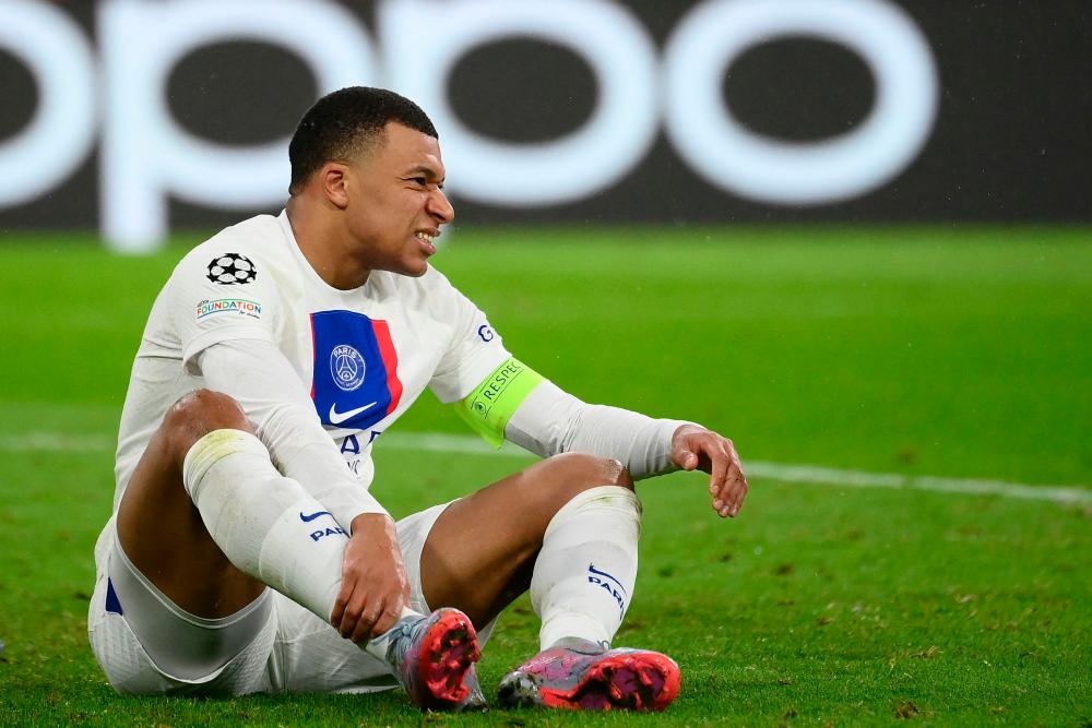 Paris Saint-Germain’s French forward Kylian Mbappe reacts during the UEFA Champions League round of 16, 2nd-leg football match FC Bayern Munich v Paris Saint-Germain FC in Munich, southern Germany, on March 8, 2023/AFPPix