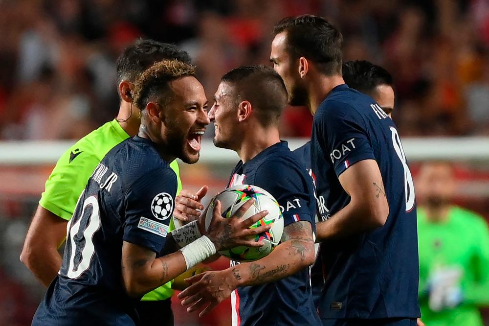 Paris Saint-Germain’s Brazilian forward Neymar reacts to receiving a yellow card during the UEFA Champions League 1st round day 3 group H football match between SL Benfica and Paris Saint-Germain, at the Luz stadium in Lisbon on October 5, 2022. AFPPIX