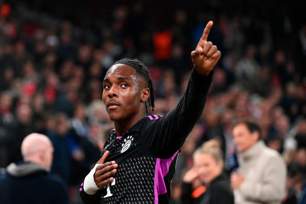 Mathys Tel celebrates at the end of the UEFA Champions League Group A football match between FC Copenhagen and FC Bayern Munich in Copenhagen, Denmark on October 3, 2023. Bayern Munich won the match 2-1. AFPPIX