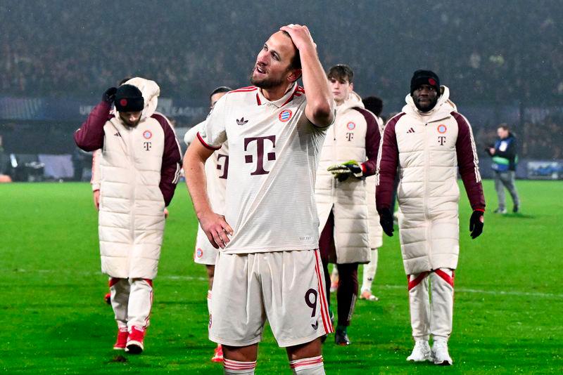 Bayern Munich's English forward #09 Harry Kane (C) reacts at the end of the UEFA Champions League, league phase day 7, football match between Feyenoord (NED) and FC Bayern Munich (GER) at the Feyenoord Stadium in Rotterdam, on January 22, 2025. - AFPPIX