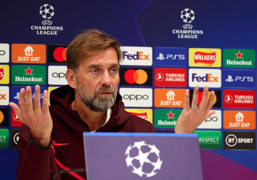 Liverpool's German manager Jurgen Klopp attends a press conference at the AXA Training Centre in Liverpool, north-west England on October 3, 2022, on the eve of the UEFA Champions League group A football match against Rangers. - AFPPIX