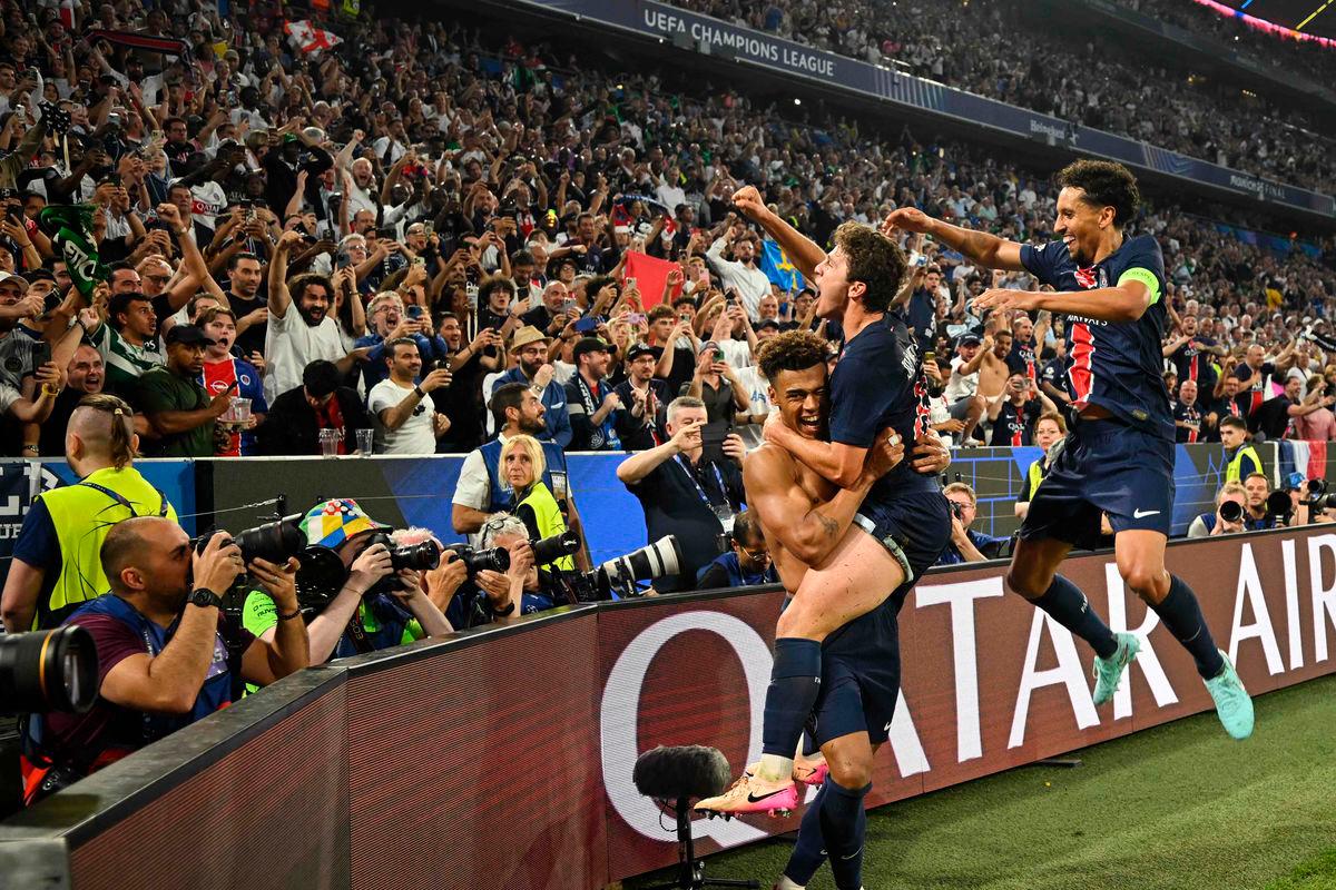 Paris Saint-Germain’s French midfielder #14 Desire Doue (C) celebrates with Paris Saint-Germain’s Portuguese midfielder #87 Joao Neves (2R) and Paris Saint-Germain’s Brazilian defender #05 Marquinhos (R) after scoring PSG’s third goal during the UEFA Champions League final football match between Paris Saint-Germain (PSG) and Inter Milan in Munich, southern Germany, on May 31, 2025. AFPpix