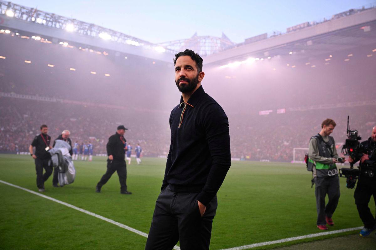 Manchester United's Portuguese head coach Ruben Amorim (C) looks on ahead of the UEFA Europa League semi final second leg football match between Manchester United and Athletic Club Bilbao at Old Trafford stadium in Manchester, north west England, on May 8, 2025. - AFPPIX