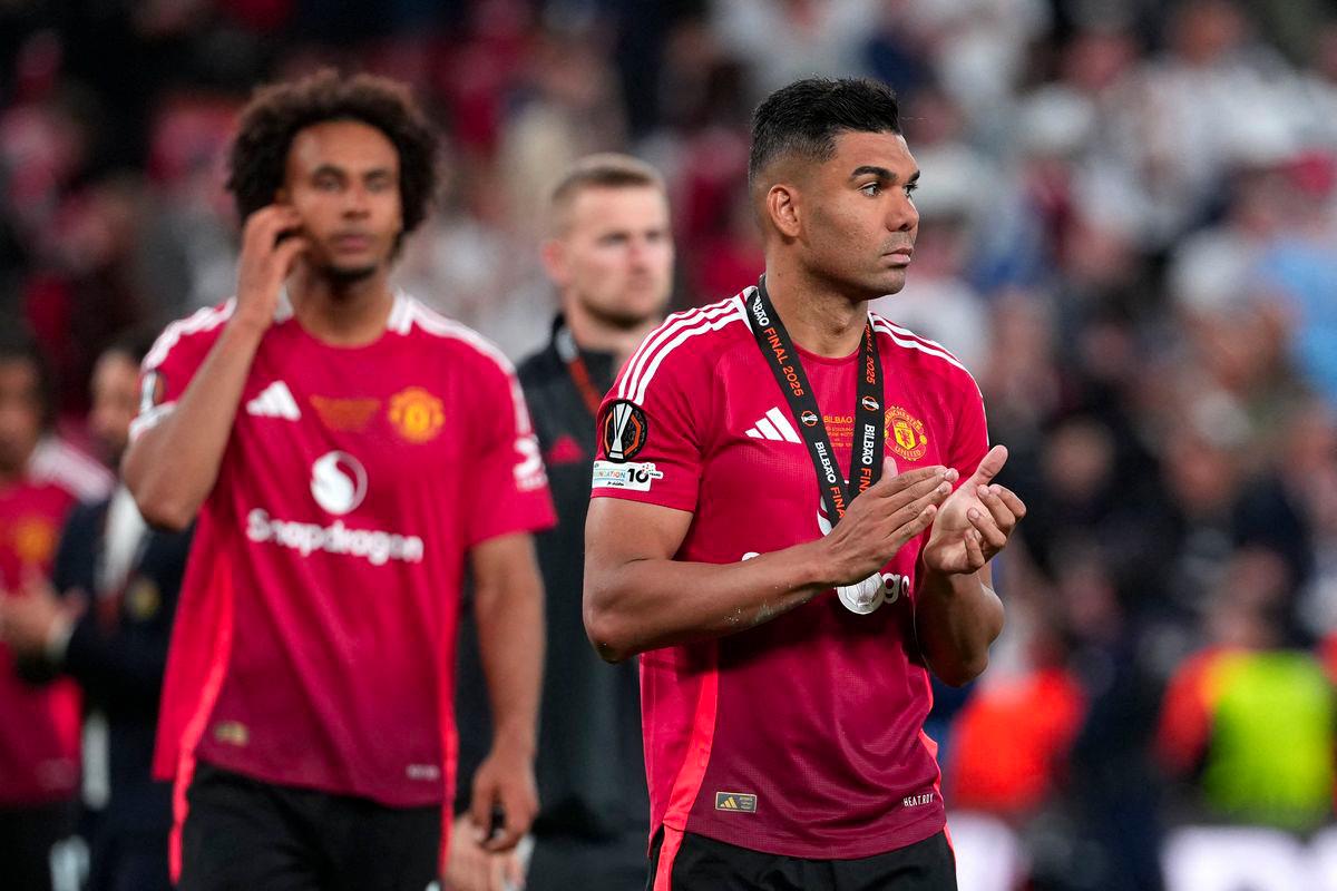 Manchester United's Brazilian midfielder #18 Casemiro reacts after the UEFA Europa League final football match between Tottenham Hotspur and Manchester United at San Mames stadium in Bilbao on May 21, 2025. - AFPPIX