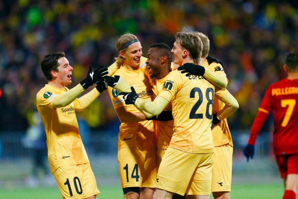 FK Bodo/Glimt players celebrate scoring during the UEFA Europa conference league football match FK Bodo/Glimt v AS Roma at Aspmyra Stadium in Bodo on April 7, 2022. AFPPIX