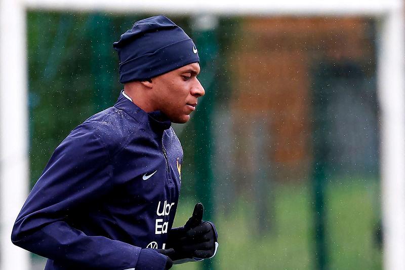 France's forward Kylian Mbappe takes part in a training session in Clairefontaine-en-Yvelines, as part of the team's preparation for upcoming UEFA Euro 2024 Football Championship on May 29, 2024. - AFPPIX