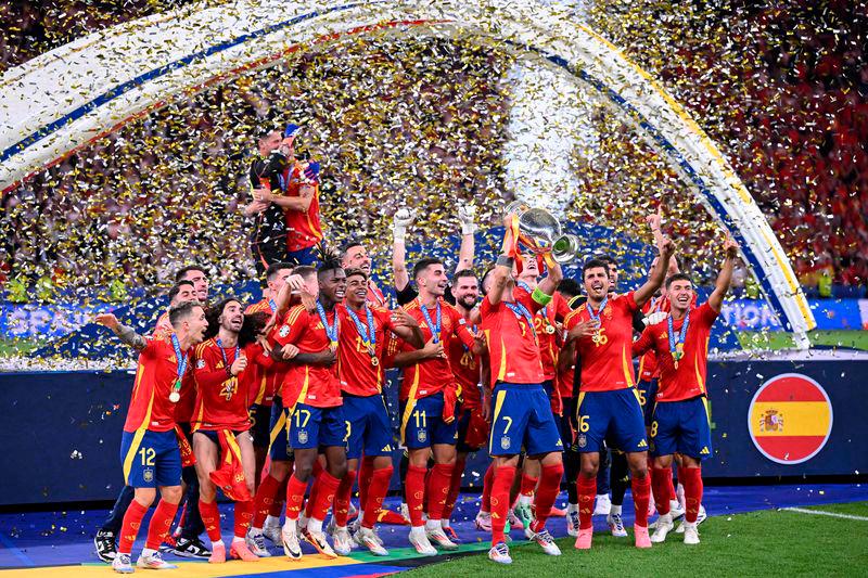 Spain’s players celebrate after winning the UEFA Euro 2024 final between Spain and England at the Olympiastadion in Berlin this morning - AFPpix