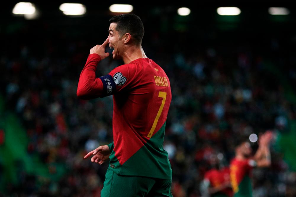 Portugal's forward Cristiano Ronaldo reacts during the UEFA Euro 2024 qualification match between Portugal and Liechtenstein at the Jose Alvalade stadium in Lisbon on March 23, 2023. AFPPIX