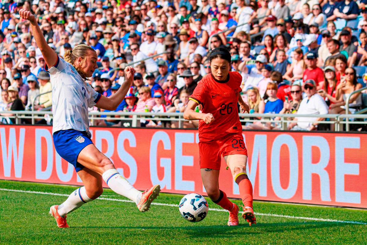 USA’s defender #02 Emily Sams (L) fights for the ball with China’s defender #26 Zhi Jie during the women’s international friendly football match between the USA and China at Allianz Field in Saint Paul, Minnesota, on May 31, 2025. AFPpix