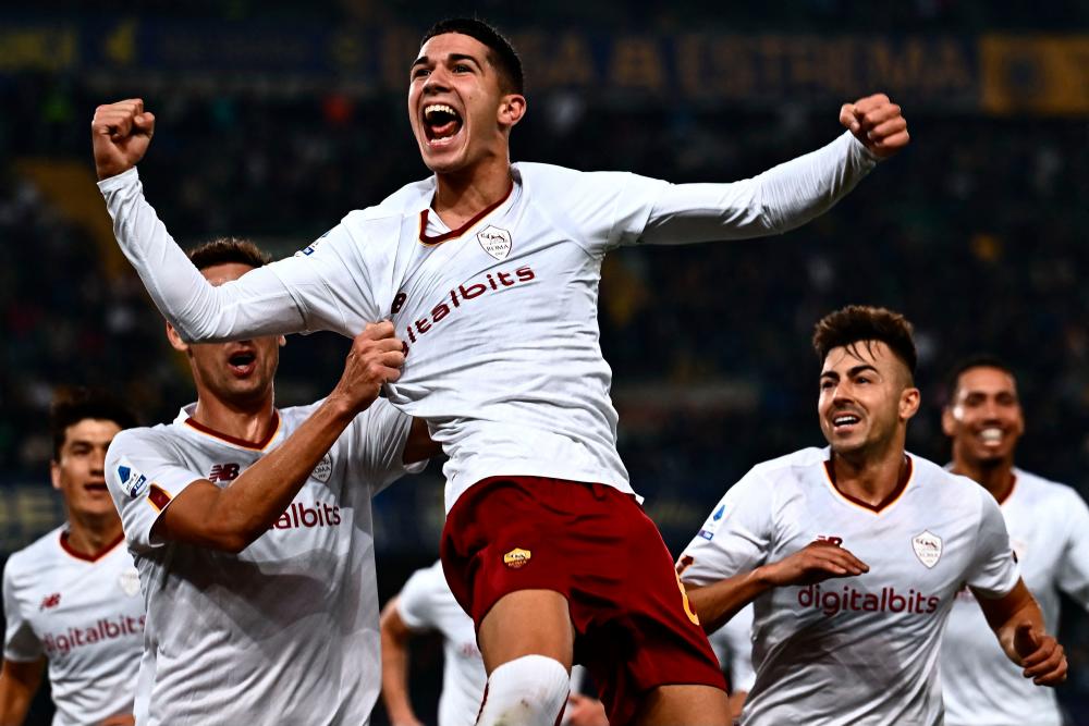 A Roma’s Italian forward Cristian Volpato (C) celebrates after he scored a second goal for his team during the Italian Serie A football match between Hellas Verona and AS Roma at the “Marcantonio Bentegodi Stadium” in Verona/AFPPix