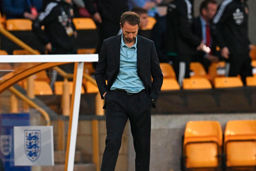 England's manager Gareth Southgate reacts as Hungary score during the UEFA Nations League, league A group 3 football match between England and Hungary at Molineux Stadium in Wolverhampton, central England on June 14, 2022. AFPPIX