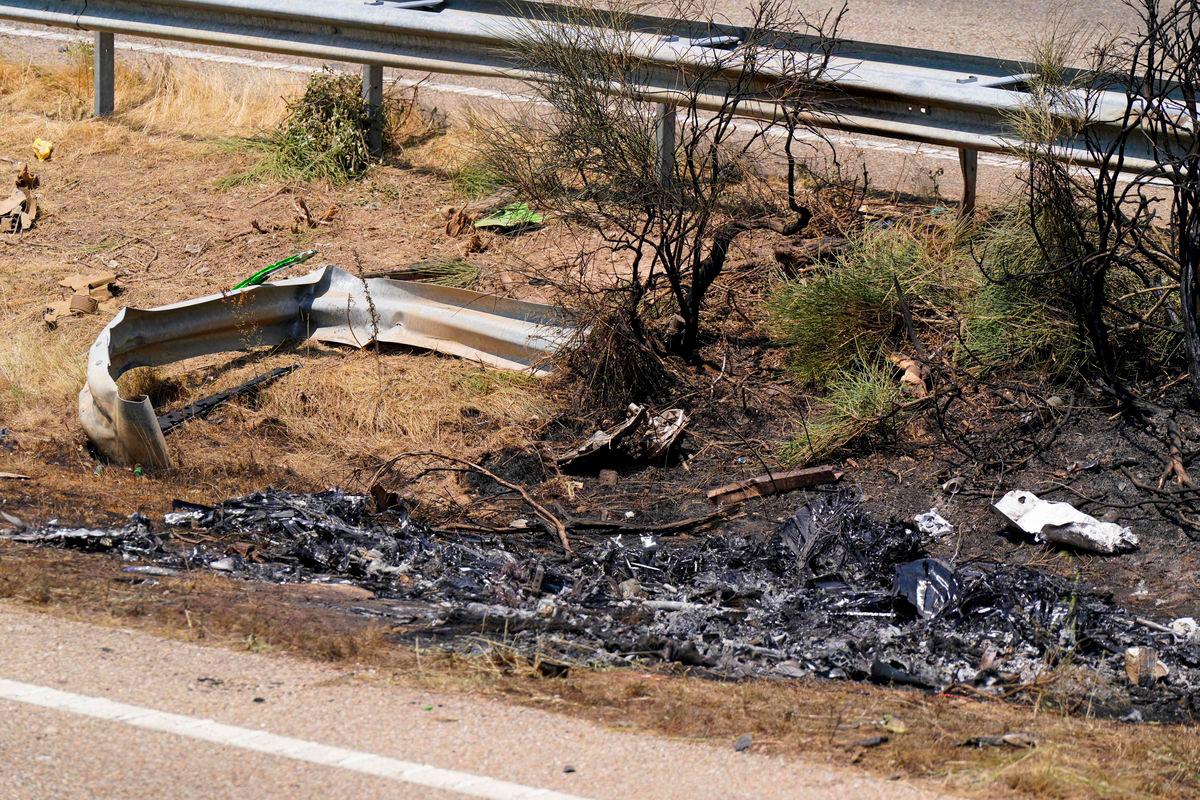 Debris and burn marks are seen along the A-52 motorway at the crash site where Liverpool sriker Diogo Jota and his brother Andre Felipe died in a car crash near Cernadilla, province of Zamora, in the northwestern Spain, early July 3, 2025-AFP