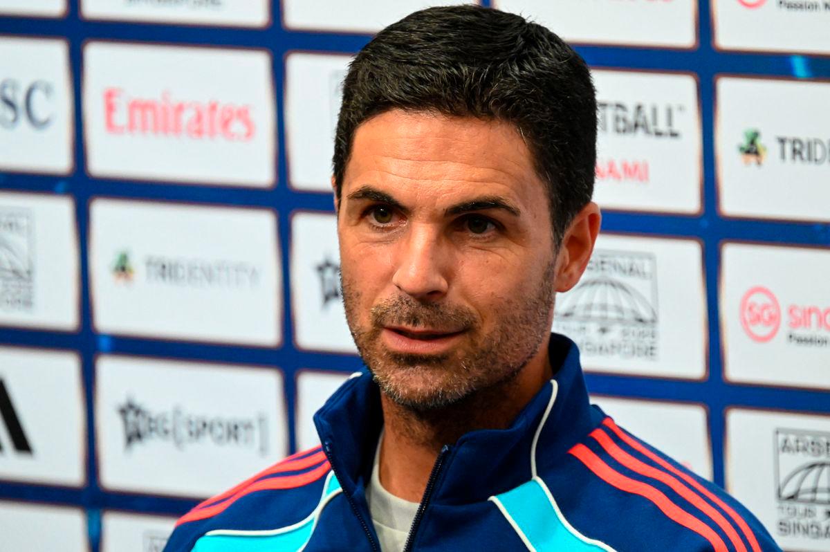 Arsenal’s Spanish manager Mikel Arteta attends a press conference ahead of their football match against AC Milan at the National Stadium in Singapore on July 21, 2025. (Photo by Roslan RAHMAN / AFP)