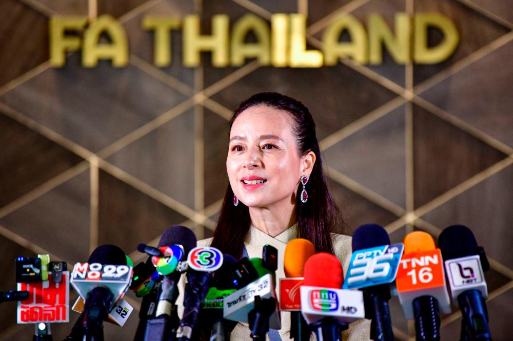 In this handout picture taken and released by the Football Association of Thailand on February 8, 2024, Thai insurance company tycoon and newly appointed President of the Football Association of Thailand Nualphan Lamsam, also known locally as “Madam Pang”, attends a press conference in Bangkok/AFPPix