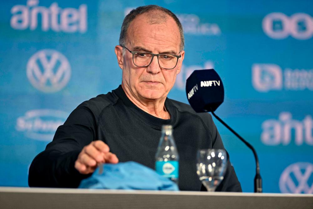 Argentine Marcelo Bielsa is presented as coach of the Uruguayan national football team, at the Centenario Stadium in Montevideo, on May 17, 2023/AFPPix