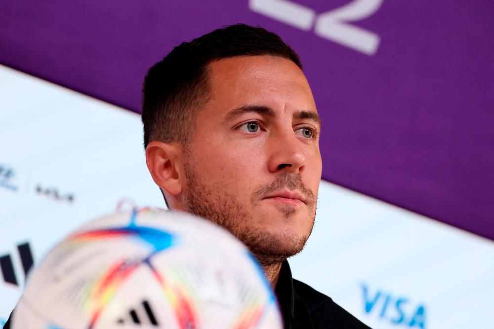 Belgium’s forward Eden Hazard attends a press conference at the Qatar National Convention Center (QNCC) in Doha on November 26, 2022, on the eve of the Qatar 2022 World Cup football match between Belgium and Morocco. AFPPIX