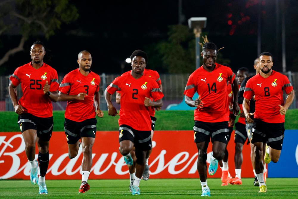 Ghana’s players take part in a training session at the Aspire Zone Doha in Doha on December 1, 2022, on the eve of the Qatar 2022 World Cup football match between Ghana and Uruguay. AFPPIX