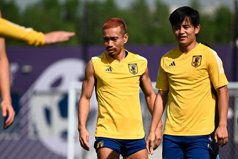 Japan’s defender Yuto Nagatomo (L) and midfielder Takefusa Kubo take part in a training session at Al Sadd SC in Doha on November 26, 2022, on the eve of the Qatar 2022 World Cup football match between Japan and Costa Rica. AFPPIX
