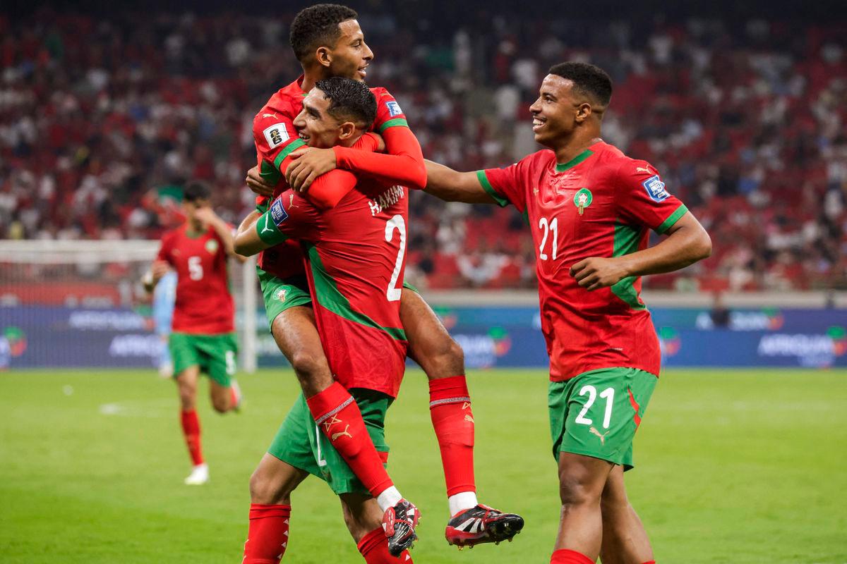 Morocco’s midfielder Azzedine Ounahi celebrates scoring with teammates during the FIFA World Cup 2026 Group E African qualification football match between Morocco and Niger. AFPPix
